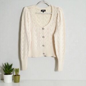 Express Cable Knit Cream Sweater Jeweled Buttons Square Neck Top XL